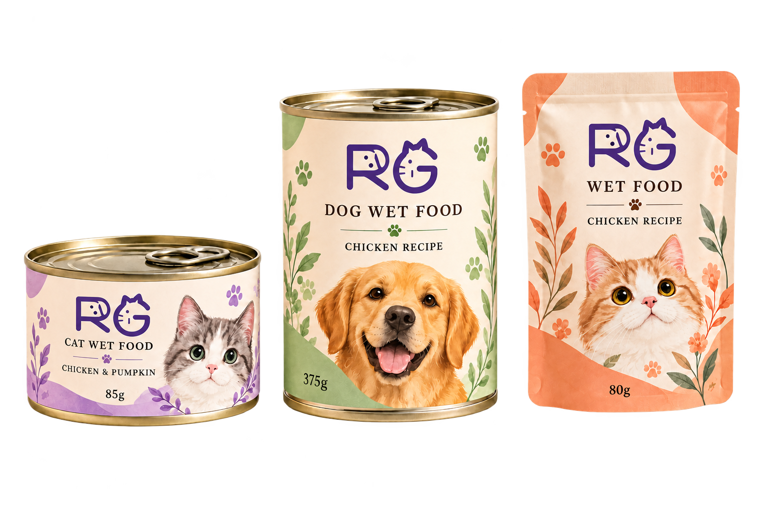 RG cat wet food packaging concept, not a production sample