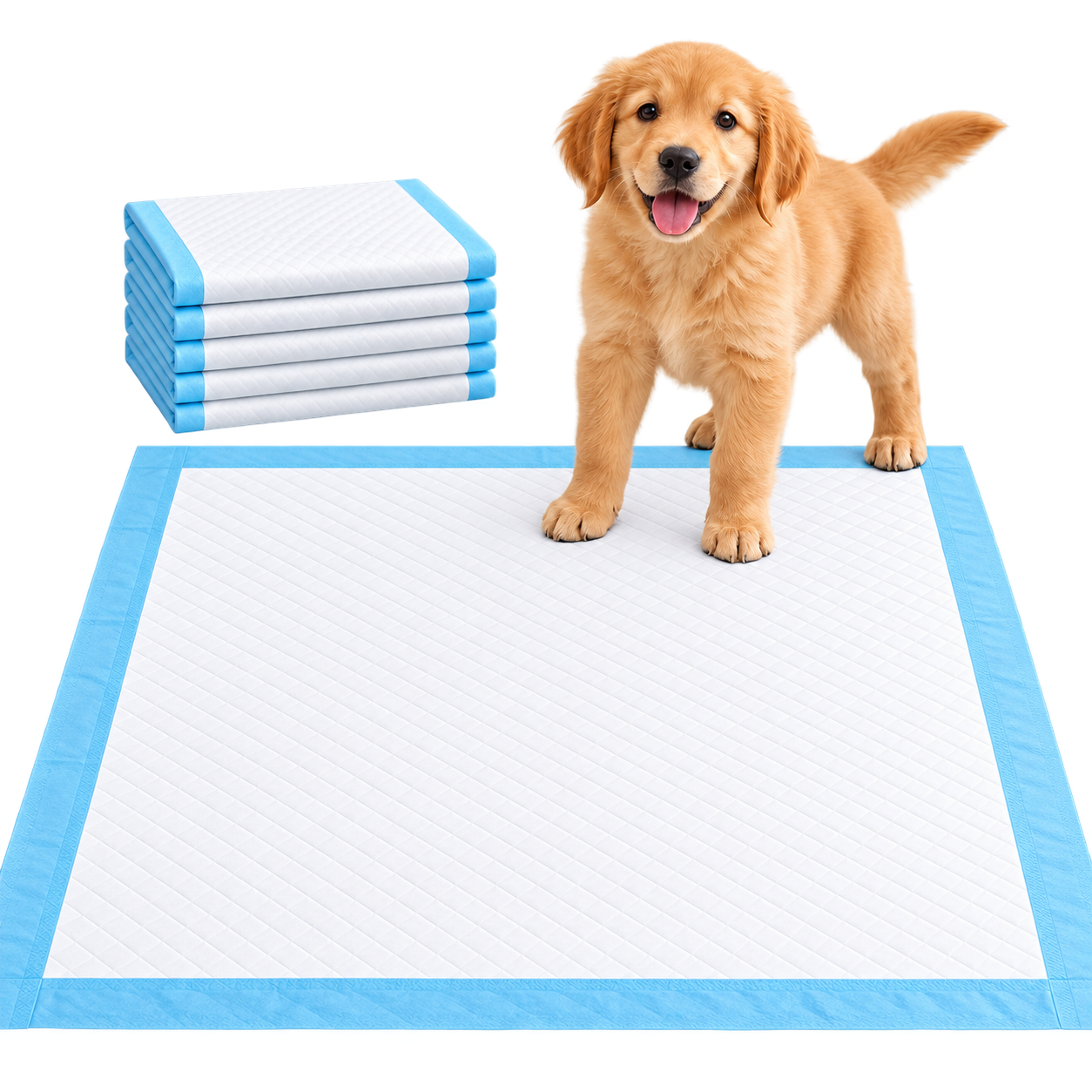 AI concept illustration: unfolded disposable puppy training pad with blue border, folded pads and puppy