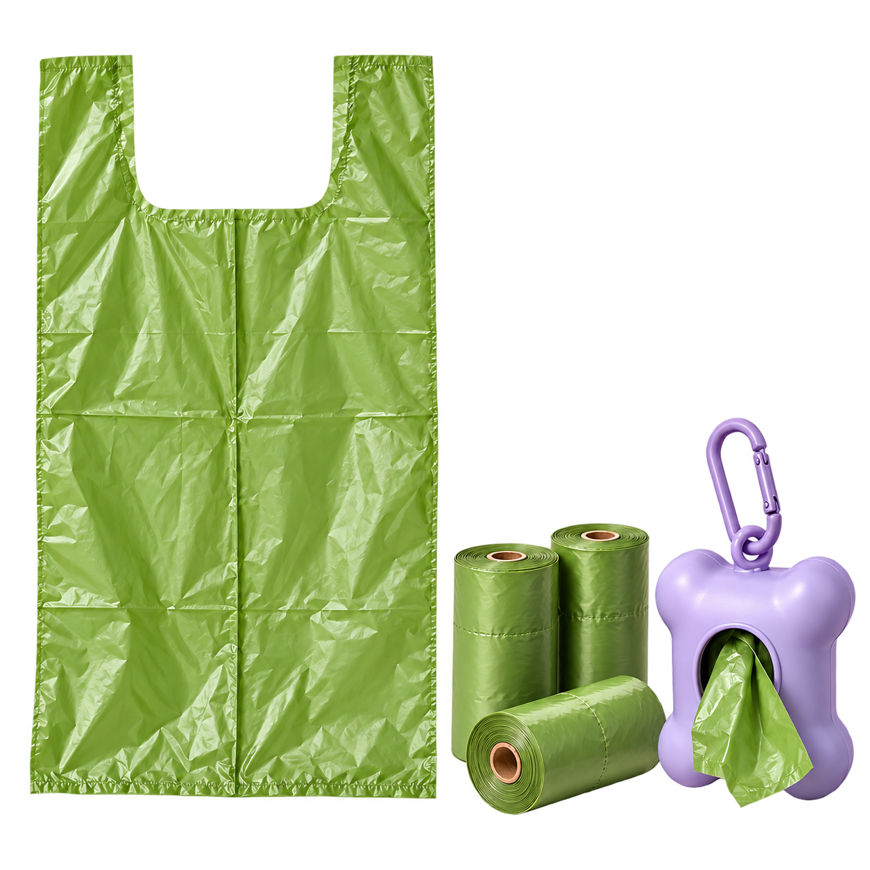 AI concept illustration: open dog waste bag, refill rolls and leash dispenser